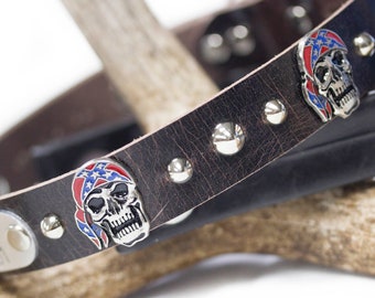 Rebel dog collar, Engraved Dog Collar, Water Buffalo Leather, Vintage Look Leather, 1 inch wide, Skull Concho, Sturgis Rally, Biker Collar