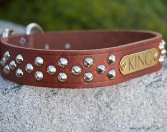 Big Dog Cone Stud Dog Collar, Personalized Leather Dog Collar, Studded Leather Dog Collar, Pit Bull Dog Collar