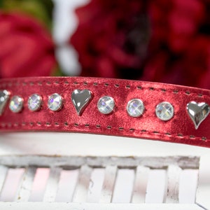 Leather Crystal Dog Collar, Hearts and Crystals, Red Holiday Collar, Sparkly Leather Collar, Bling Leather, Metallic Leather, 1 inch collar image 4