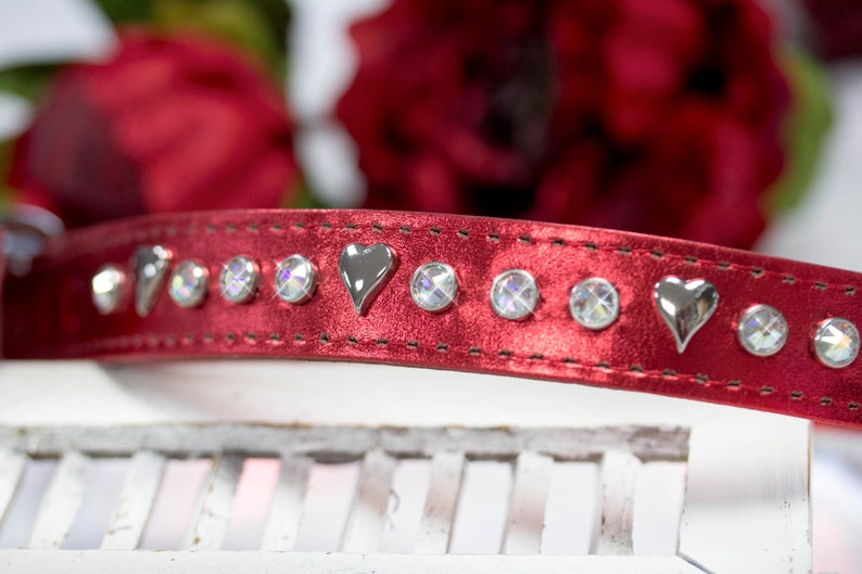 Leather Crystal Dog Collar, Hearts and Crystals, Red Holiday Collar, Sparkly Leather Collar, Bling Leather, Metallic Leather, 1 inch collar image 4