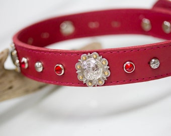 Red Leather Collar, Leather Crystal Concho Dog Collar, 1 inch wide, Leather Dog Collar, Holiday Dog Collar, Fashion Dog Collar, Jeweled Red