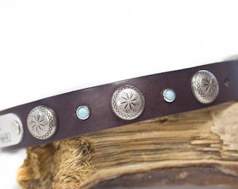 Handmade Western Leather Dog Collar, Turquoise & Starburst Conchos