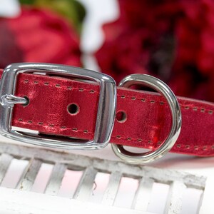 Leather Crystal Dog Collar, Hearts and Crystals, Red Holiday Collar, Sparkly Leather Collar, Bling Leather, Metallic Leather, 1 inch collar image 3