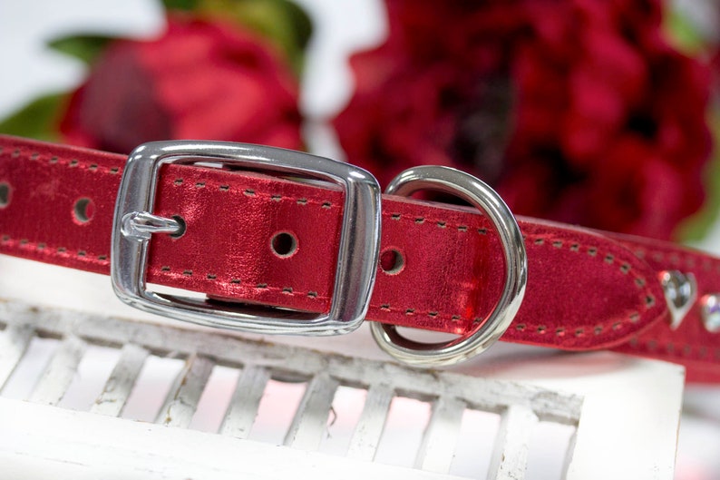 Leather Crystal Dog Collar, Hearts and Crystals, Red Holiday Collar, Sparkly Leather Collar, Bling Leather, Metallic Leather, 1 inch collar image 3