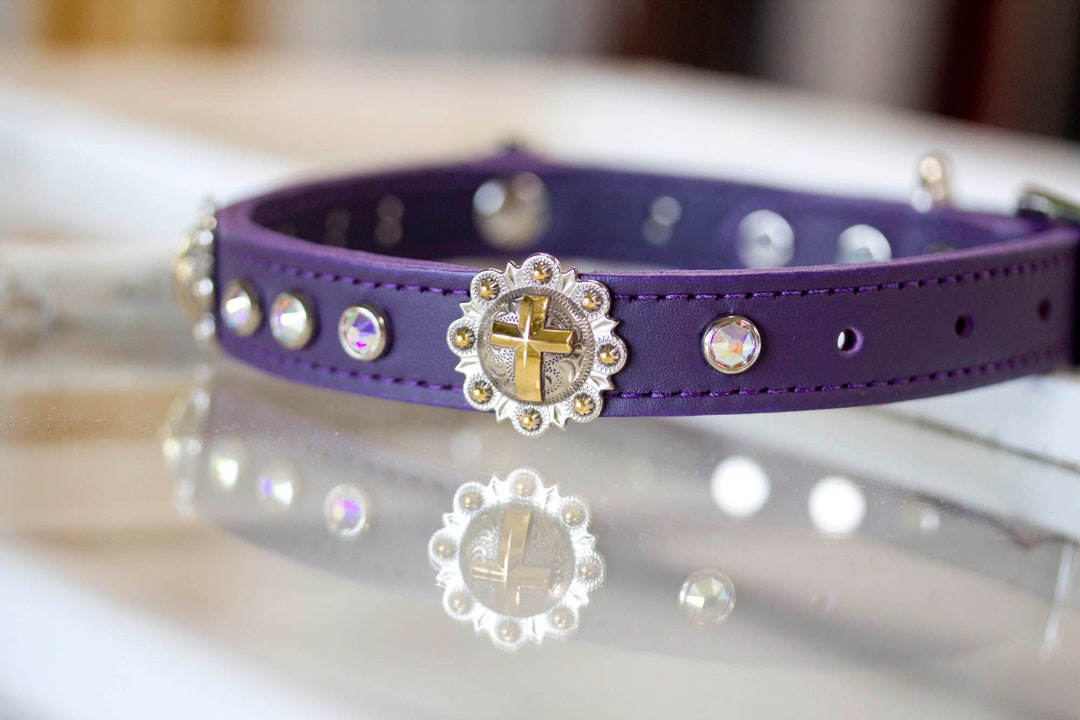 Leather Dog Collar Cross Concho Crystal Dog Collar Handmade Etsy
