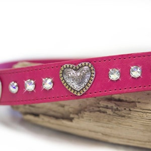 Crystal Dog Collar, Hearts and Crystals, Sparkly Leather Collar, Bling Leather, 1 inch collar, Handmade Collar, Goat Collar, Puppy Collar