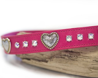Crystal Dog Collar, Hearts and Crystals, Sparkly Leather Collar, Bling Leather, 1 inch collar, Handmade Collar, Goat Collar, Puppy Collar