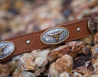 Soft Brown Leather Dog Collar, Texas Longhorn Steer Conchos, 1 inch