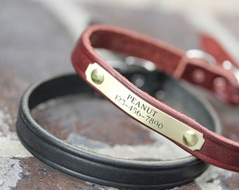 Personalized Leather Dog Collar, Engraved Name Plate, Thin Soft Leather