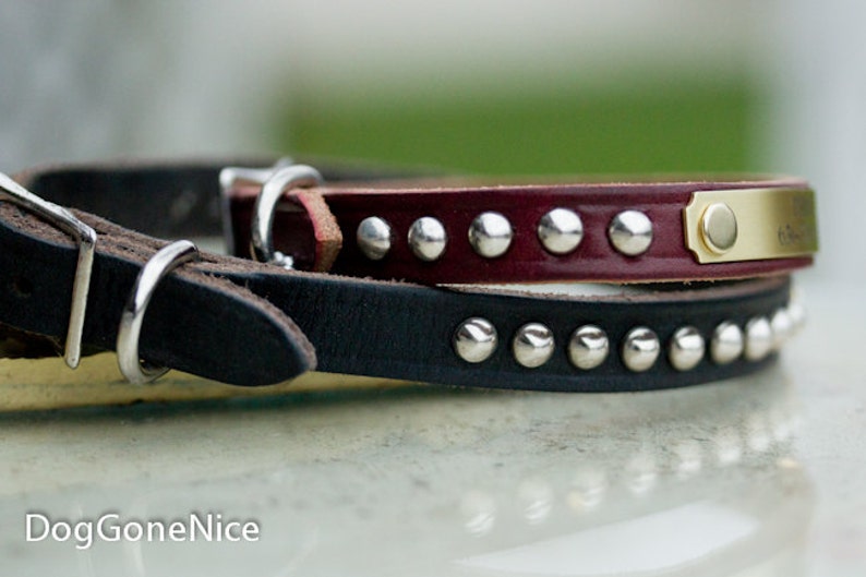 Leather Dog Collar Personalized, Small Leather Dog Collar, Studded Collar, Personalized Dog Collar, Thin Leather Dog Collar, 1/2 inch wide image 4