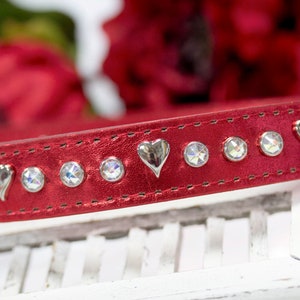 Leather Crystal Dog Collar, Hearts and Crystals, Red Holiday Collar, Sparkly Leather Collar, Bling Leather, Metallic Leather, 1 inch collar image 2