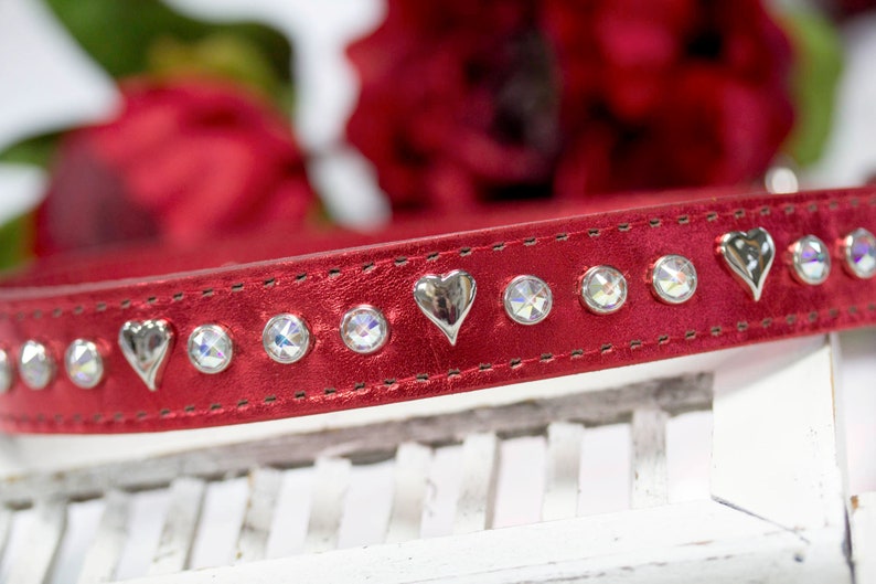 Leather Crystal Dog Collar, Hearts and Crystals, Red Holiday Collar, Sparkly Leather Collar, Bling Leather, Metallic Leather, 1 inch collar image 2