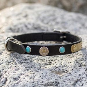 May include: Black leather dog collar with silver buckle and fittings. The collar features turquoise-coloured stones, a brass plate, and a bullet casing. The collar is displayed on a grey rock.