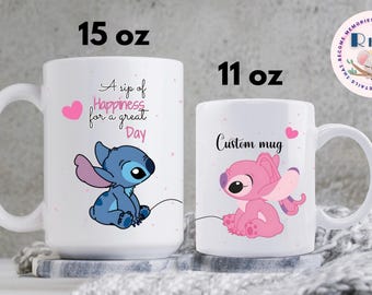 Stitch and Angel Ceramic Mug, Cute Couple Mug, Lilo and Stitch Gift, Stitch Couple Mug, Coffee Cup, Gift for Her, 11oz, 15oz