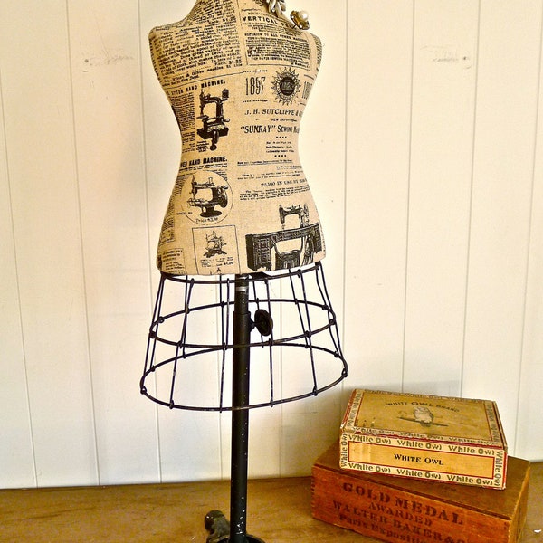 Triana- foam and cloth adjustable height mannequin form with wire skirt and vintage style metal base - great for shop display, home decor