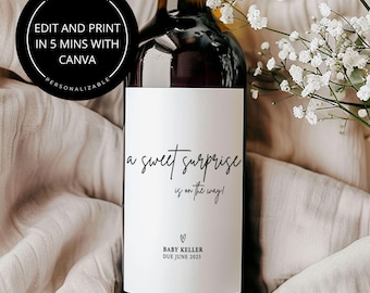 Pregnancy Announcement Wine Bottle Label, Personalized Baby Announcement, Instant Download Editable Canva Template