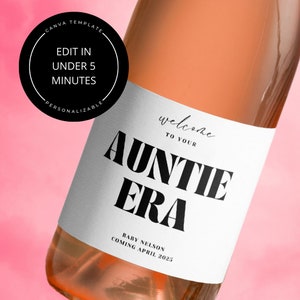 Auntie Era | Pregnancy Announcement Wine Bottle Label | Personalized Baby Announcement | Instant Download | Editable Canva Template