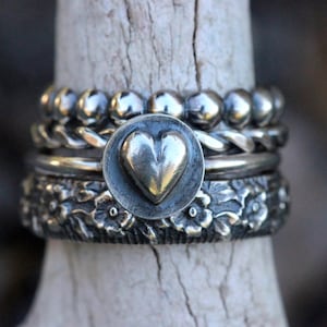 Silver Heart Ring Set Stacking Rings Set Sterling Silver Stacking Rings Silver Rings Silver Valentines Day Gift for Her