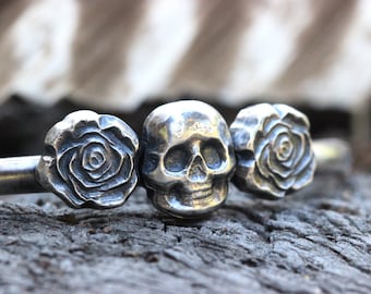 Silver Skull Bracelet Sterling Silver Cuff Bracelet Punk Jewelry Silver Skull Jewelry Skull and Roses Bracelet Skull & Roses Gothic Jewelry