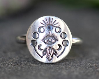 Silver Moon Ring Celestial Ring Moon Phase Ring Witch Ring Evil Eye Ring Crystal Ring Crescent Moon Ring Sterling Silver All Seeing Eye Ring