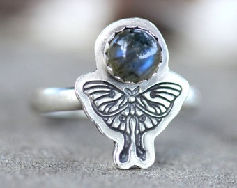 Sterling Silver Luna Moth Ring Labradorite Ring Luna Moth Jewelry Insect Ring Entomology Ring Butterfly Ring Nature Ring Cottagecore Ring