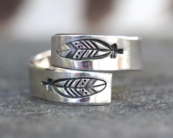 Feather Ring Sterling Silver Feather Ring Adjustable Ring Wrap Ring Stamped Silver Ring Silver Feather Rings for Women 925