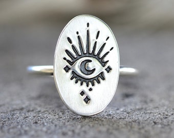 Eye Ring Sterling Silver Evil Eye Ring All Seeing Eye Ring Moon Ring Witch Ring Mystic Eye Ring Celestial Ring Eye Jewelry