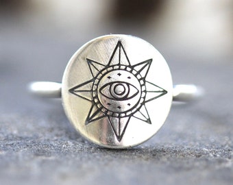 Eye Ring Sterling Silver Evil Eye Ring All Seeing Eye Ring Sun Ring Celestial Ring Celestial Jewelry Witch Ring Silver Witch Jewelry Mystic