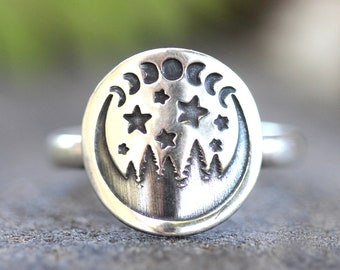 Sterling Silver Moon Ring Forest Ring Nature Ring Night Sky Ring Pine Tree Ring Celestial Ring Moon Phase Ring Witch Ring Forest Witch Ring