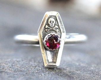 Silver Coffin Ring Sterling Silver Coffin Ring Garnet Ring Skull and Crossbones Ring Halloween Ring Silver Skull Ring Witch Ring