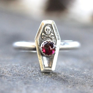 Silver Coffin Ring Sterling Silver Coffin Ring Garnet Ring Skull and Crossbones Ring Halloween Ring Silver Skull Ring Witch Ring