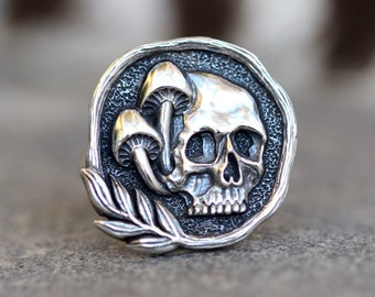 Skull Ring Mushroom Ring Sterling Silver Skull Ring Witch Ring Silver Mushroom Ring Skull Jewelry Witch Jewelry