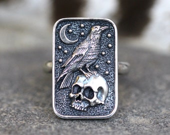 Raven Ring Skull Ring Crow Ring Sterling Silver Raven Ring Moon Ring Witch Ring Silver Witch Jewelry Goth Ring Silver Statement Ring