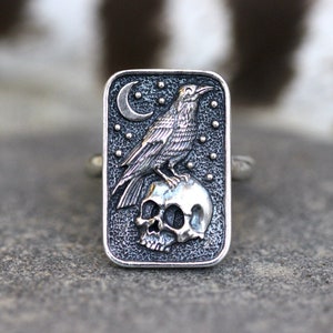 Raven Ring Skull Ring Crow Ring Sterling Silver Raven Ring Moon Ring Witch Ring Silver Witch Jewelry Goth Ring Silver Statement Ring