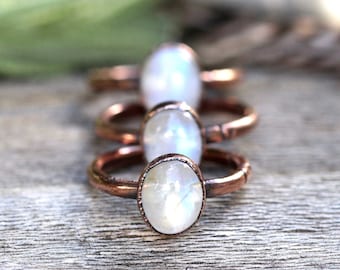 Rainbow Moonstone Ring Moonstone Stacking Ring Electroformed Ring Copper Crystal Ring