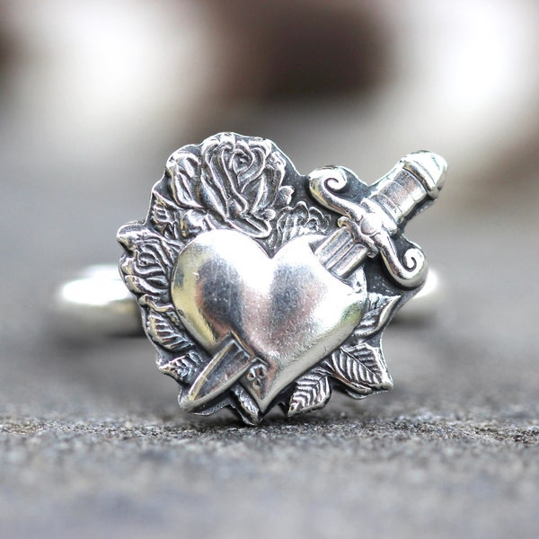 Sacred Heart Ring Sterling Silver Heart and Dagger Ring Sacred Burning Heart Jewelry Catholic Jewelry Milagro Heart Ring Sacre Couer