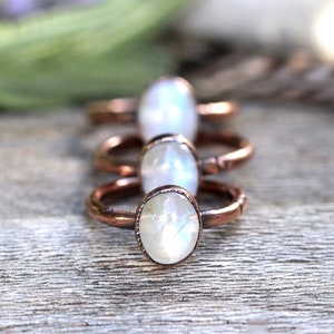 Rainbow Moonstone Ring Moonstone Stacking Ring Electroformed Ring Copper Crystal Ring