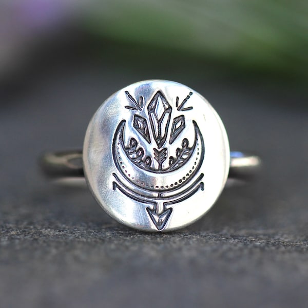 Silver Moon Ring Silver Crescent Moon Ring Crystal Ring Celestial Jewelry Witch Ring Witchy Ring Witch Jewelry Mystical Ring Arrow Ring