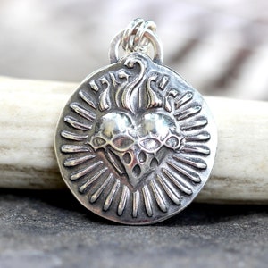 Sacred Heart Necklace Sterling Silver Sacred Heart of Jesus Milagro Flaming Heart Sacred Burning Heart Catholic Jewelry Sagrado Corazon