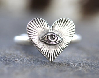 Eye Ring Sterling Silver Evil Eye Ring All Seeing Eye Ring Heart Ring Witch Ring Silver Witch Jewelry Mystic Ring Weird Jewelry Silver Heart