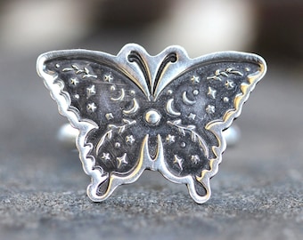 Celestial Butterfly Ring Sterling Silver Moon Phase Ring Butterfly Ring Mystic Magic Ring Witch Ring Witch Jewelry Moon Moth Ring Silver