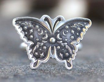 Celestial Butterfly Ring Sterling Silver Moon Phase Ring Butterfly Ring Mystic Magic Ring Witch Ring Witch Jewelry Moon Moth Ring Silver