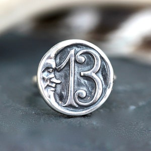 Sterling Silver Moon Ring Crescent Moon Ring Man on the Moon Face Ring Lucky Number 13 Ring Victorian Moon Celestial Ring Lucky Charm Ring