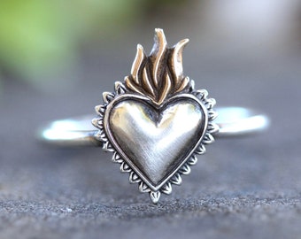Sacred Heart Ring Sacred Heart Jewelry Heart Milagro Ring Flaming Heart Ring Catholic Ring Sacred Burning Heart of Jesus Corazon Sagrado