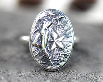 Sterling zilveren hemelse ring ster maagd ring art nouveau godin ring hemelse maagd art nouveau naakte vrouw ring ster water godin