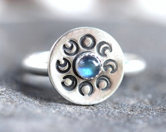 Sterling Silver Moon Phase Ring Celestial Ring Labradorite Ring Witch Ring Witch Jewelry Phases of the Moon Ring Celestial Jewelry Moon Ring