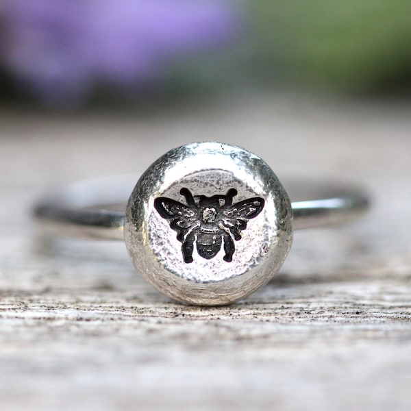 Bee Ring Sterling Silver Ring Nature Ring Bee Jewelry Nature Jewelry Silver Stacking Rings Cottagecore Ring