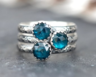 Blue Kyanite Ring Sterling Silver One Ring Kyanite Stacking Ring Teal Blue Stone Ring Art Nouveau Ring Floral Ring Band Silver Ring
