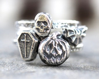 Halloween Ring Sterling Silver Halloween Jewelry Skull Ring Coffin Ring Bat Ring Pumpkin Ring Witch Ring Witch Jewelry Stacking Rings