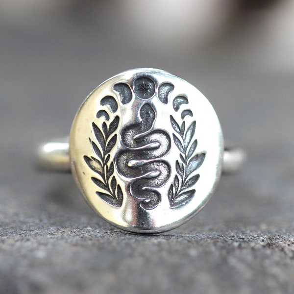 Snake Ring Sterling Silver Celestial Snake Ring Moon Phase Ring Witch Ring Witch Jewelry Serpent Ring Celestial Jewelry Mystic Style Jewelry